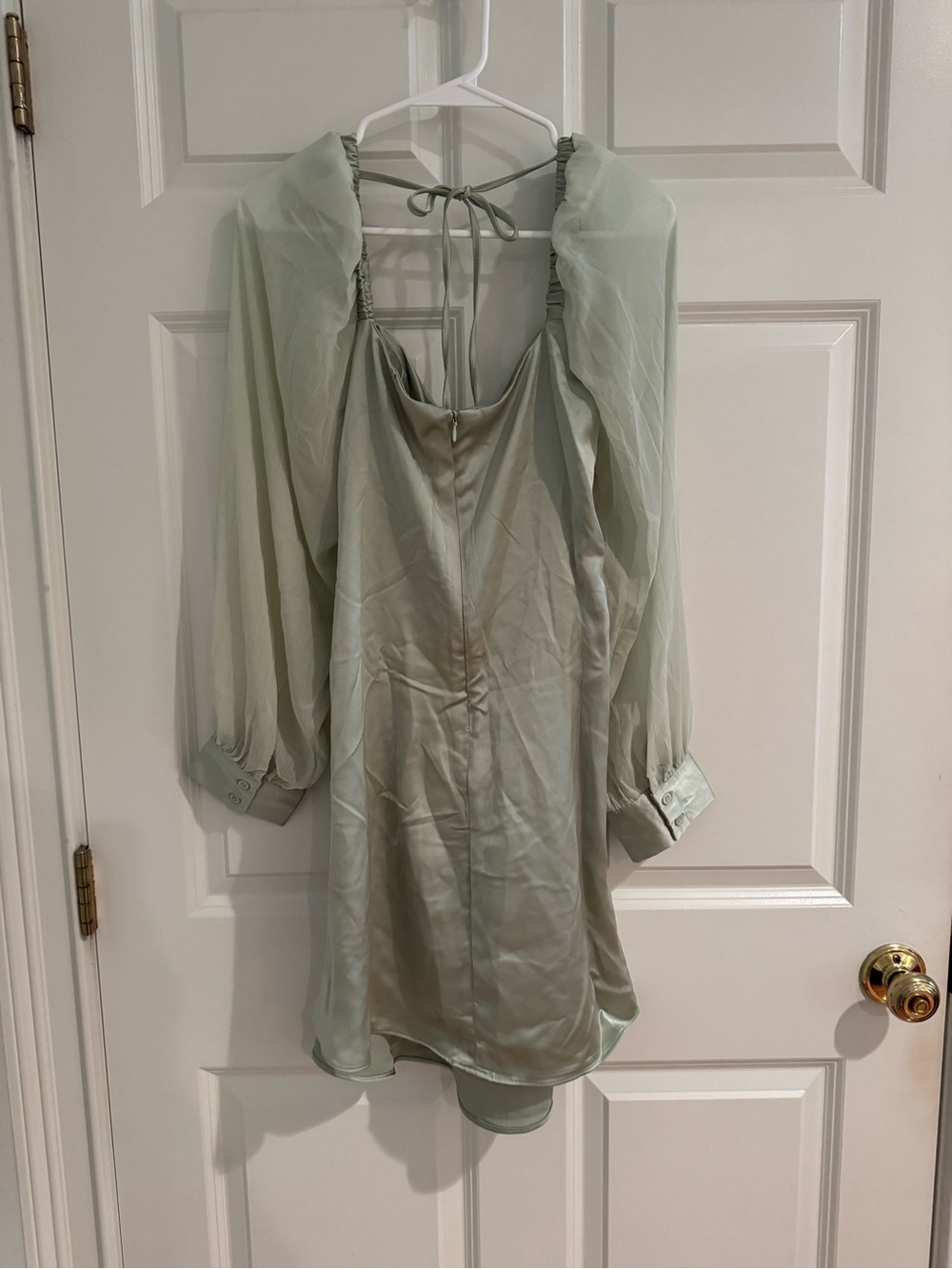WeWoreWhat Sage Green Satin Mini Dress with Sheer Sleeves